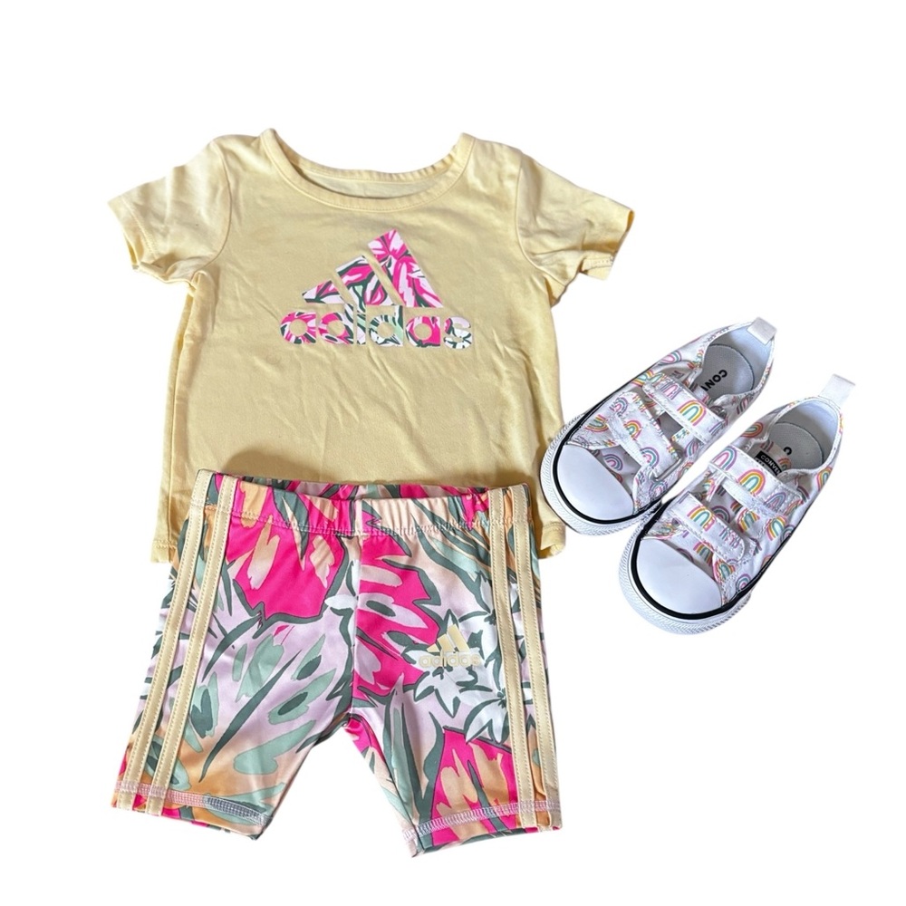 Adidas Kids Yellow Tee and‎ Floral Shorts Set